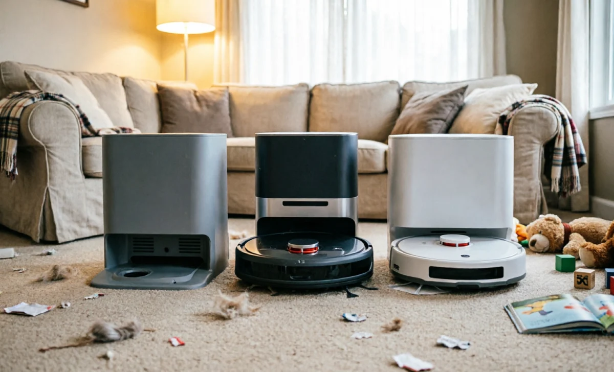 Three robot vacuums compared side by side on living room carpet for best robot vacuum for families with pets and kids review