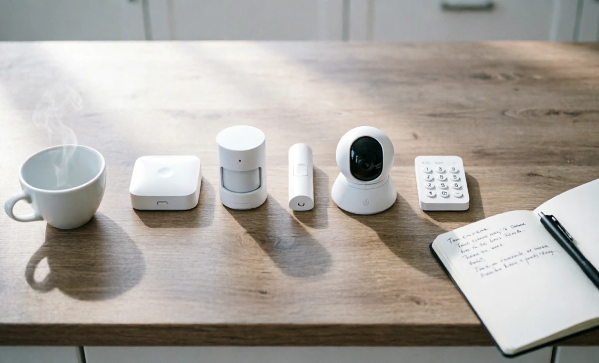 Five smart home security system devices lined up on a table for a real family comparison test over three months