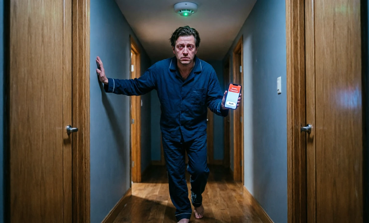 Best smart smoke detector false alarm moment, dad silencing Kidde Smart alert from phone at night.