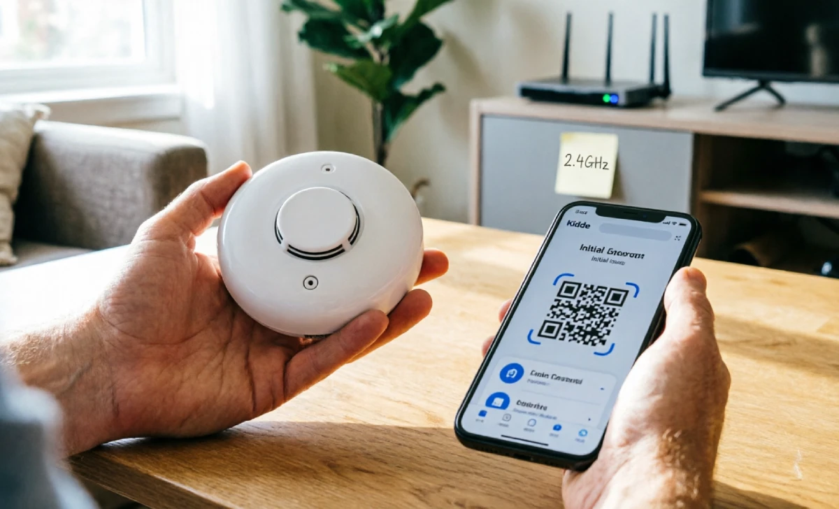 Connecting the best smart smoke detector to a phone via QR code and Wi-Fi setup.