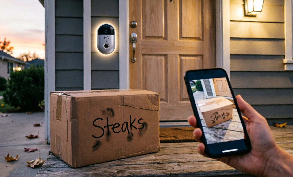 Best video doorbell no subscription winner Eufy S330 keeping a delivered steak box safe on the porch