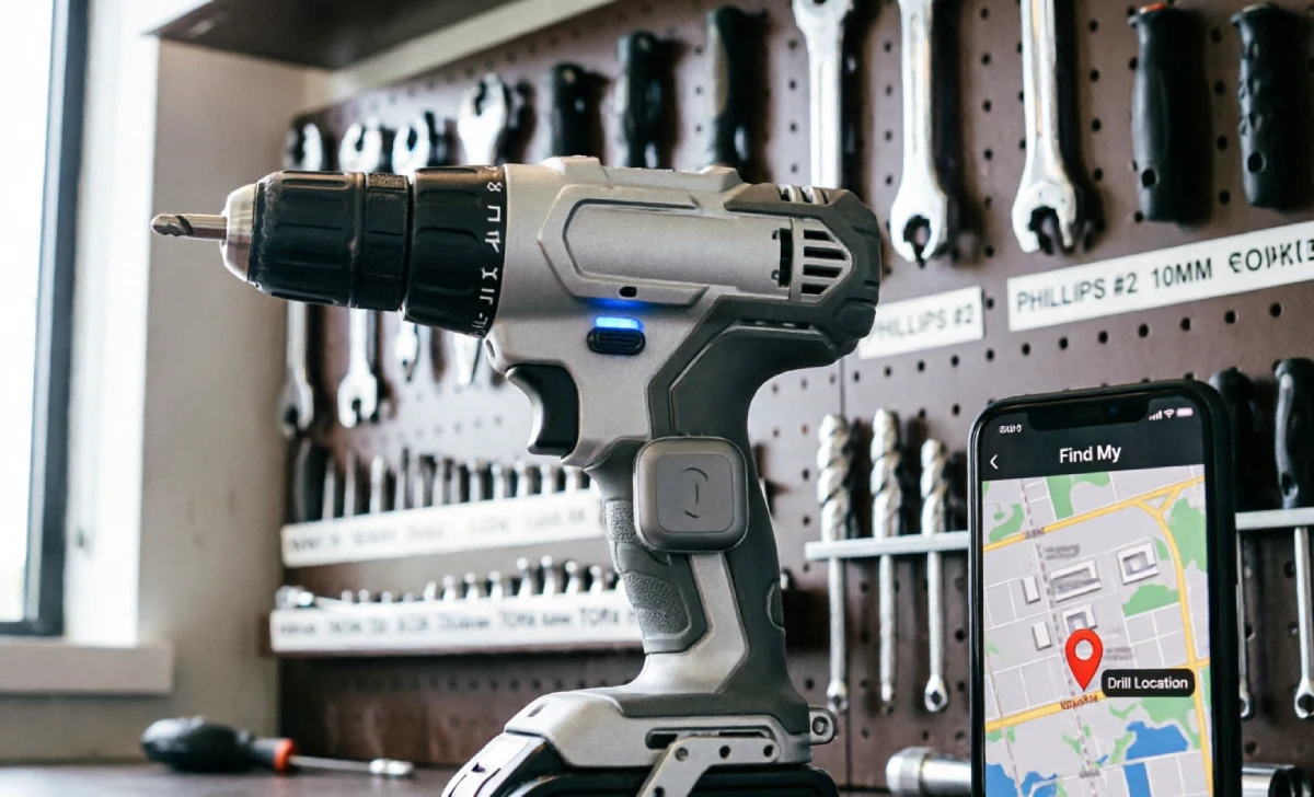 Bluetooth tool tracker attached to cordless drill with smartphone displaying location tracking app for smart garage storage gadgets