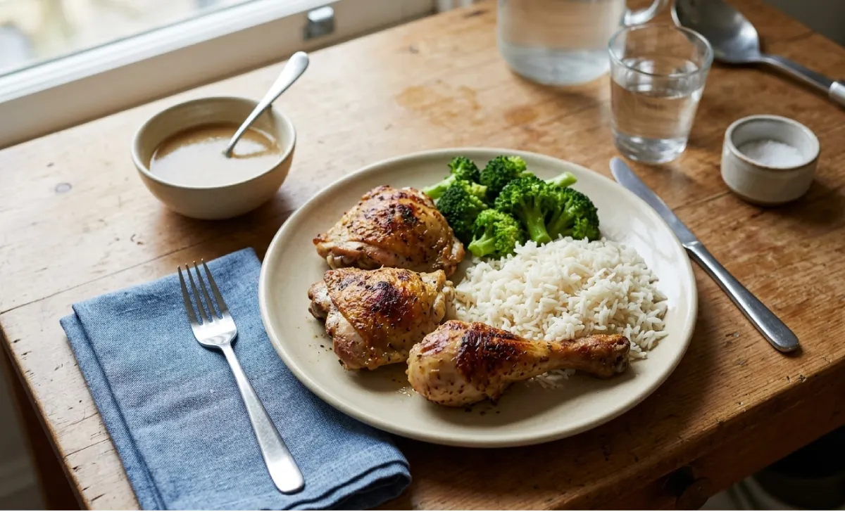 Budget-friendly family dinner of roast chicken, rice, and broccoli on a weeknight