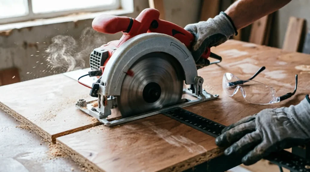 Circular saw cutting through plywood, with gloved hands and safety glasses nearby.