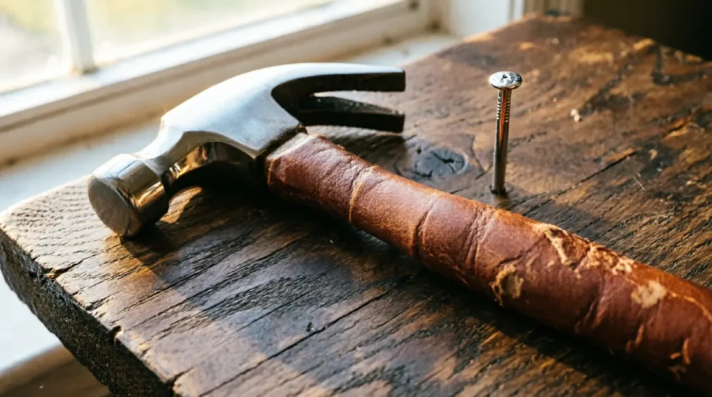 Smooth-faced 16-ounce claw hammer with curved claw, resting on a wooden plank.