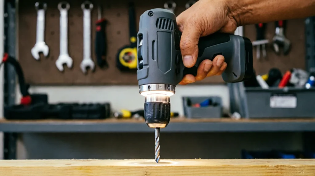 Compact 12V cordless drill/driver with LED light, held in hand over a wooden surface.