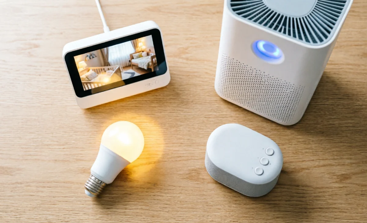 Core 4 smart nursery gadgets setup: video monitor, air purifier, smart light bulb, and white noise machine for baby's room