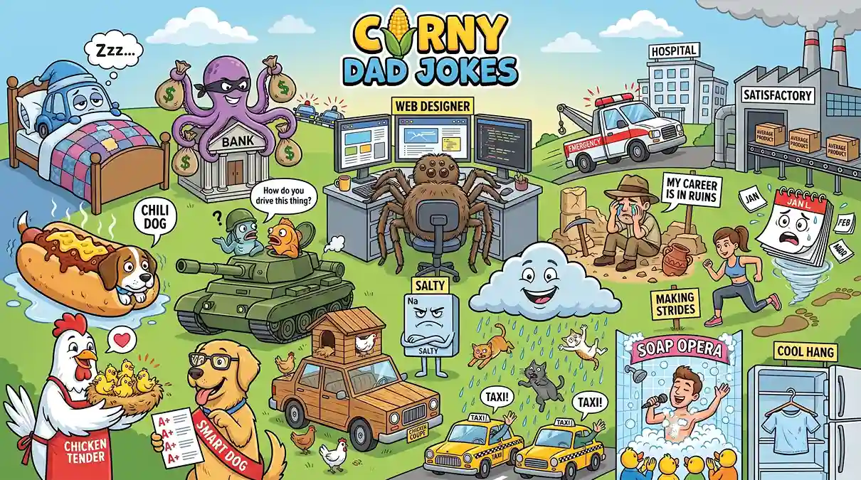 Funny cartoon banner featuring corny dad jokes with a sleeping car, a chili dog puppy, a chicken tender raising hens, a spider web designer, fish driving a tank, and other humorous pun-filled scenes.