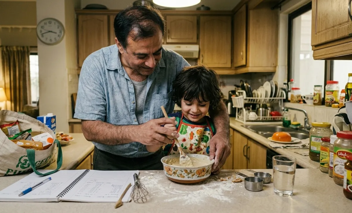 Dad and his child cooking dinner together in the kitchen
