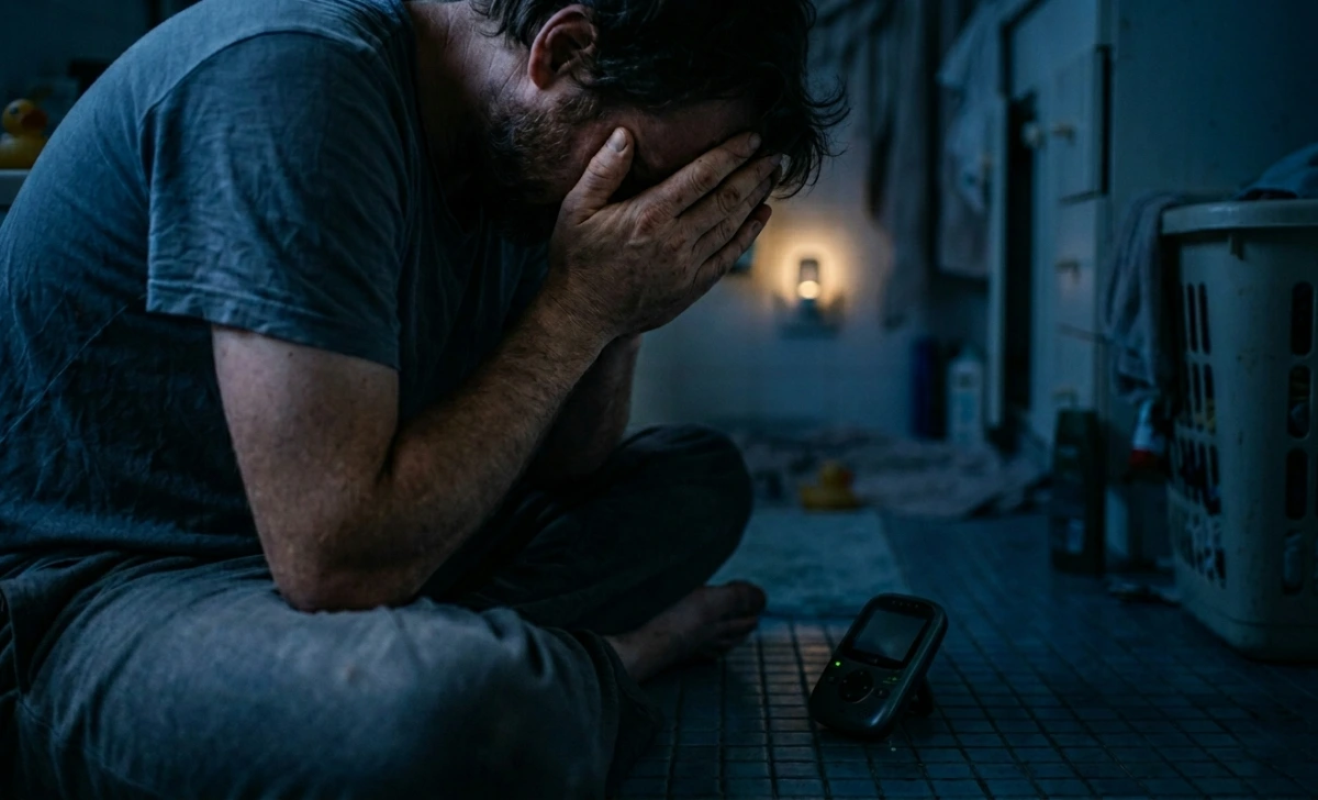 Dad sitting on bathroom floor at 2am with head in hands, struggling with exhaustion and guilt.
