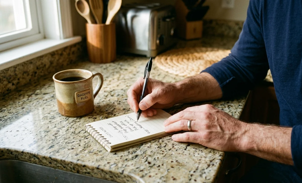 Dad writing a brain dump on a notepad to lighten his mental load