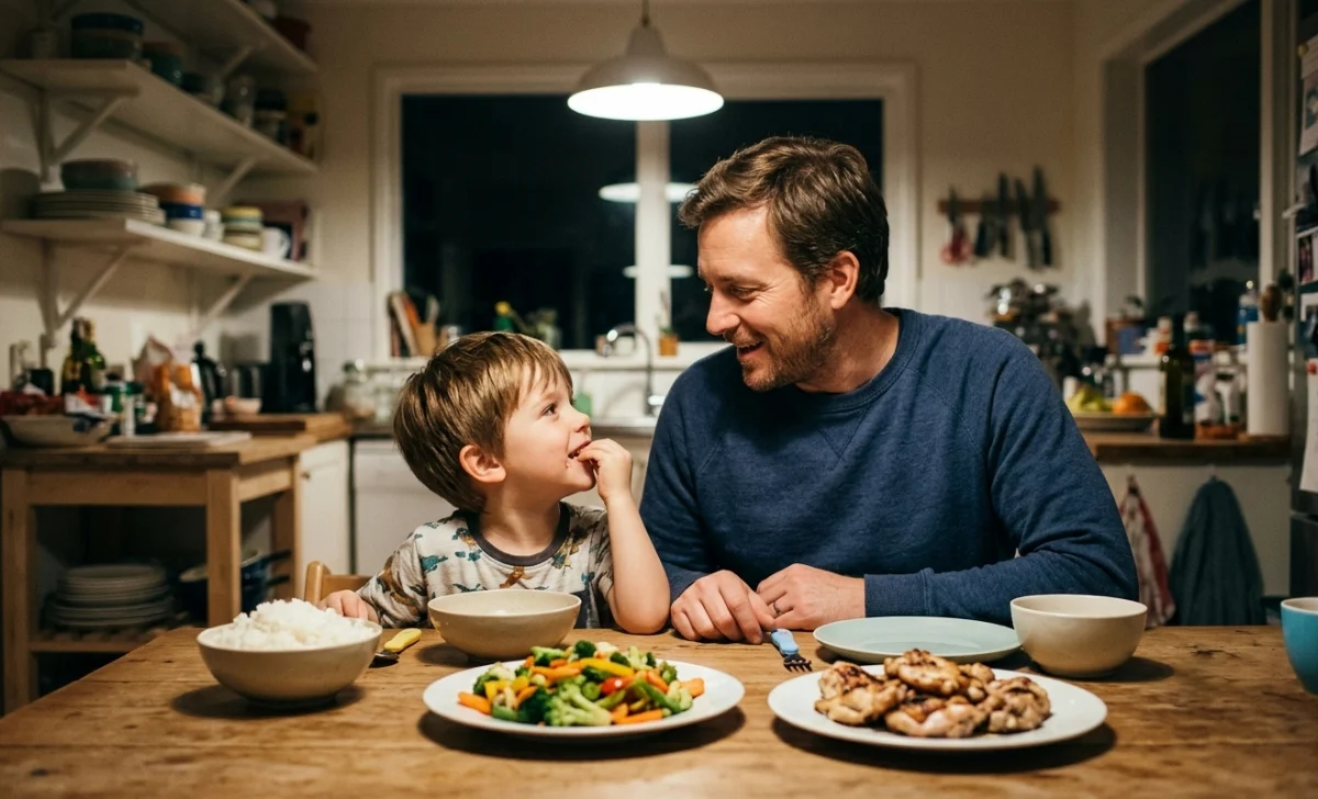 Dad and young child eating a healthy home-cooked meal together at the dinner table — the real reason dads meal prep