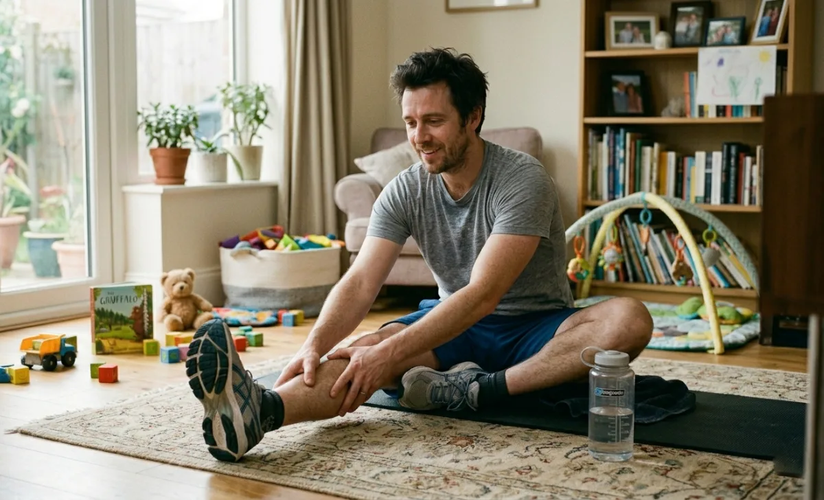 Dad doing a hamstring stretch after completing the 10-minute bodyweight workout at home