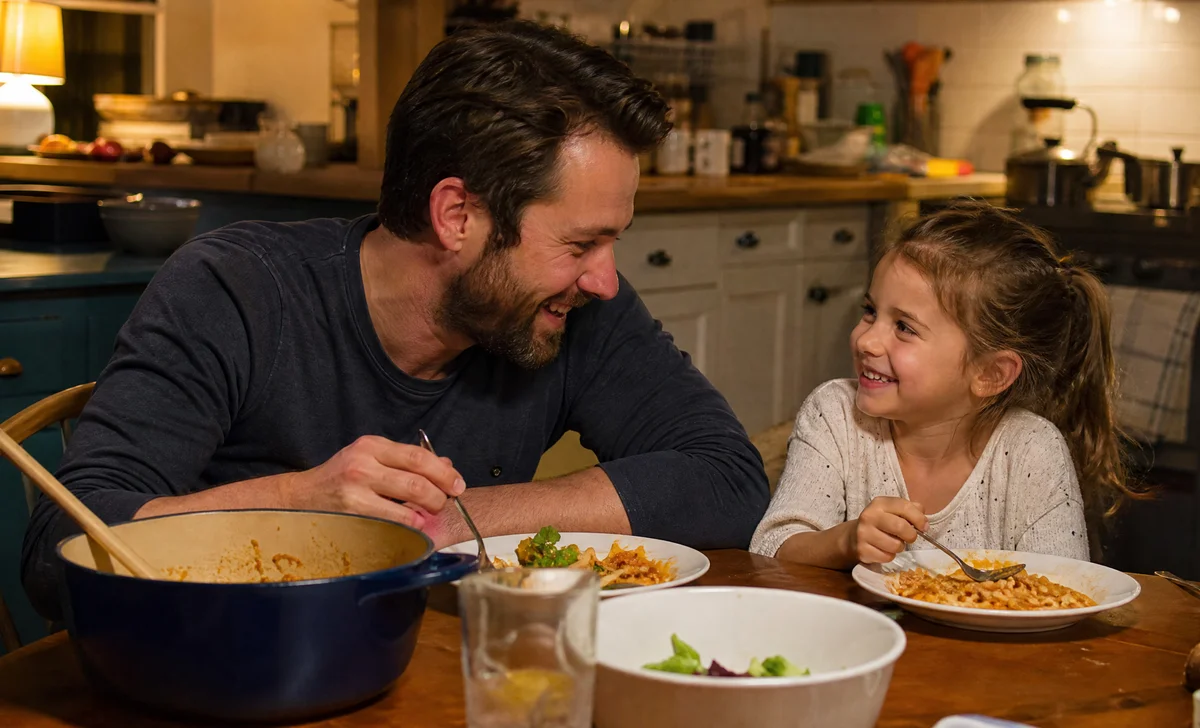 Dad and daughter enjoying a simple home-cooked dinner together