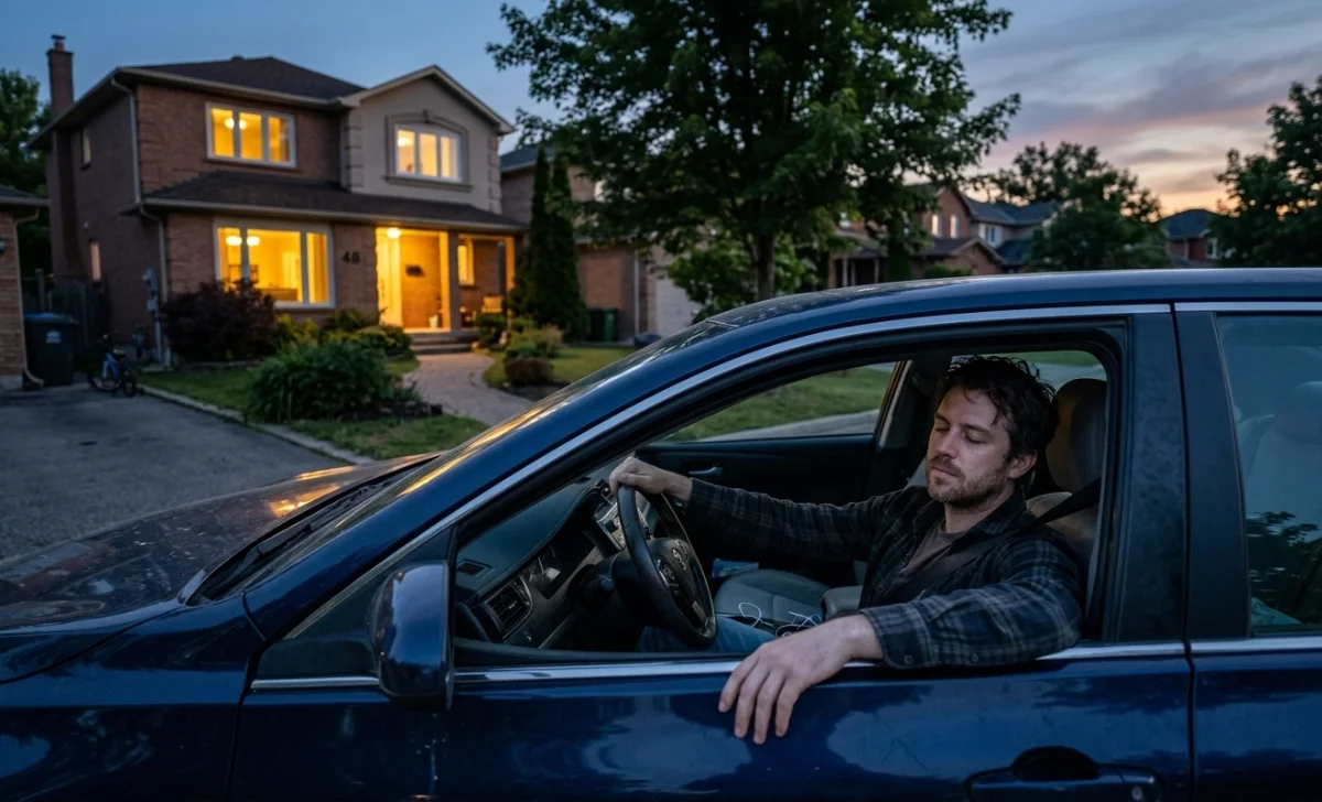 Dad sitting in parked car before going inside – a sign your 9-to-5 is destroying your dad life and how to fix it