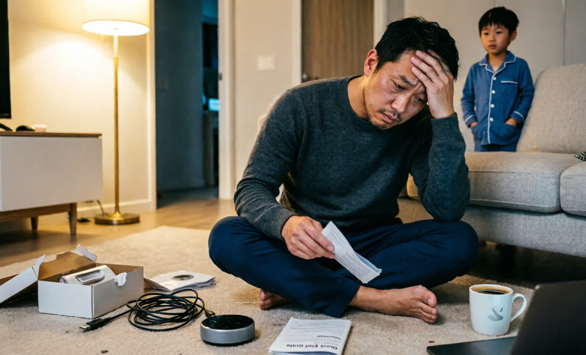 A dad sitting on the floor surrounded by cables and packaging trying to set up a smart home hub — proof that not every best dad tech gadget lives up to the hype.