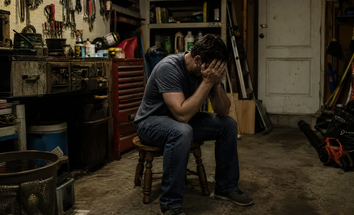 Distressed dad sitting alone in a garage with his head down, overwhelmed by exhaustion and fatherhood stress.