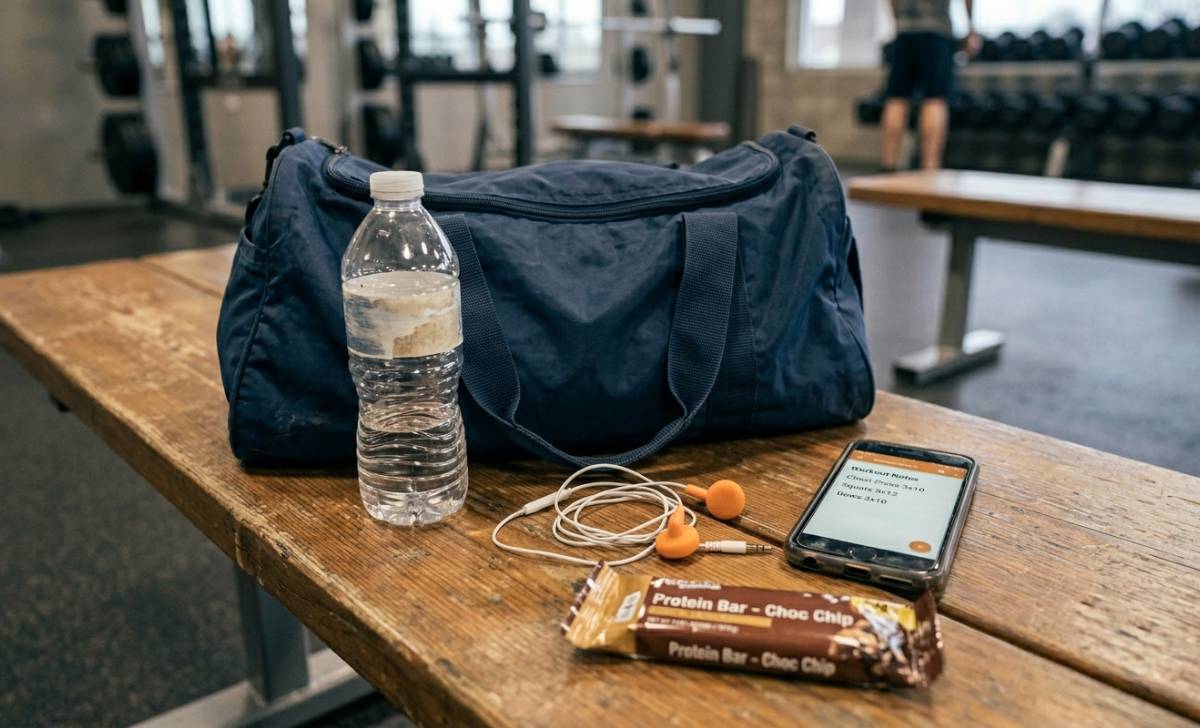 Simple gym bag packed by a dad for his first session back — water bottle, earbuds, phone