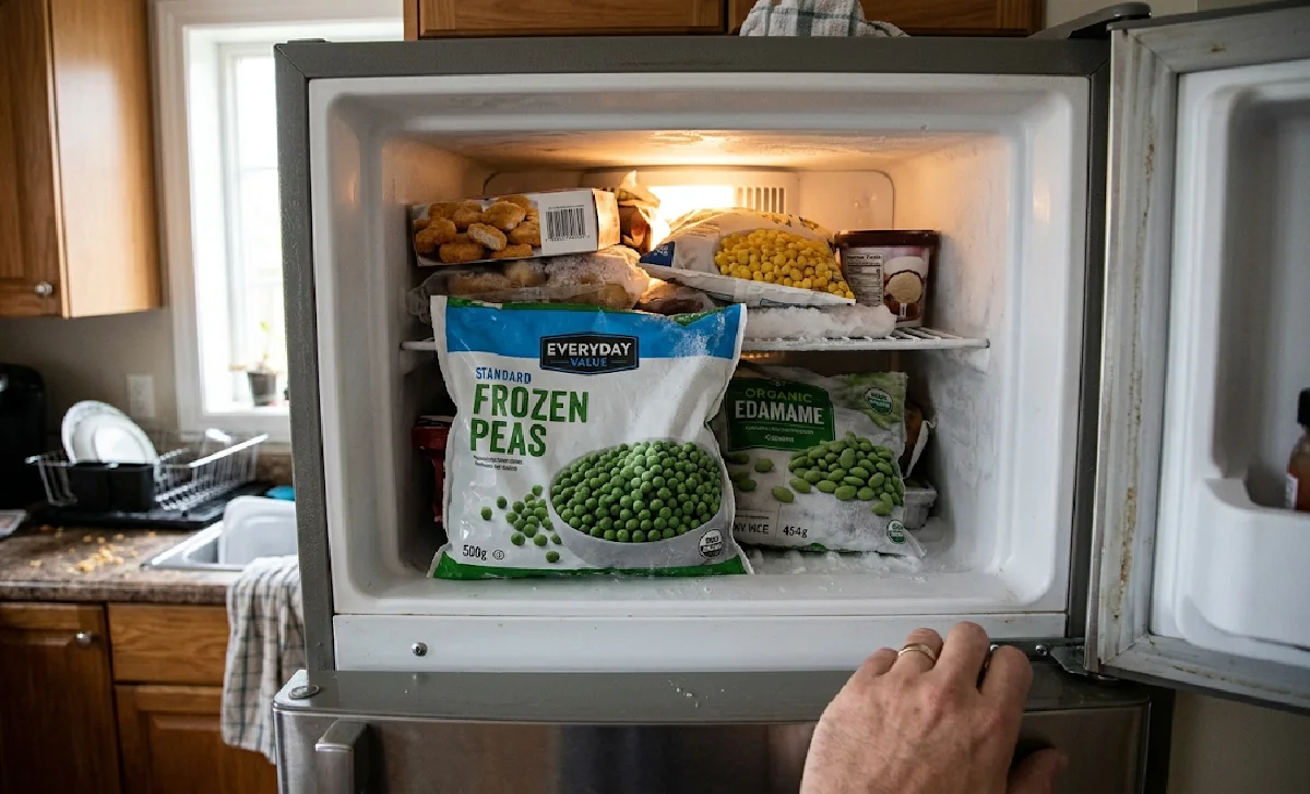 Open fridge with a bag of frozen edamame peeking out behind a bag of frozen peas, dad life humor.