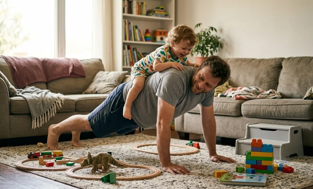 Father doing quick home workout with kids around, dad-friendly exercise routine