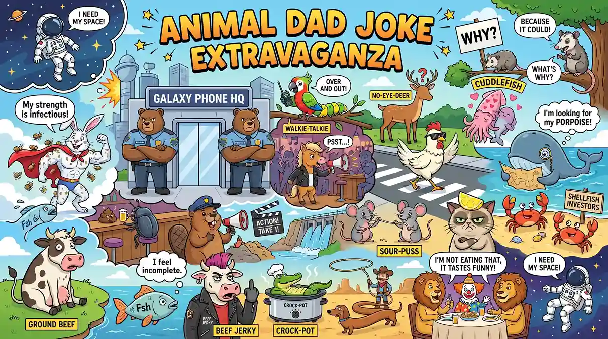 Colorful cartoon banner featuring animal dad jokes with a legless cow, a rabbit with fleas, a fish missing eyes, a whale searching for its purpose, a cuddlefish, and other funny animal-themed scenes.