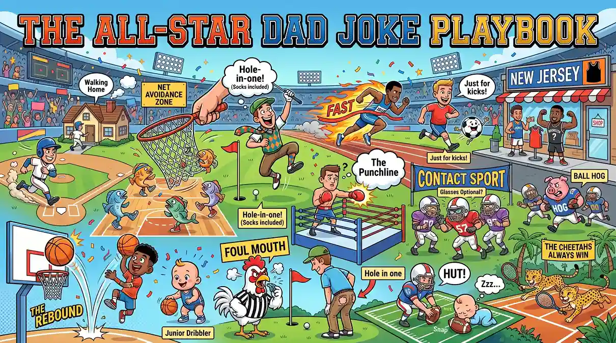 Colorful cartoon banner featuring sports dad jokes with baseball players, golfers celebrating hole-in-ones, basketball players, soccer pigs, football players, and other funny sports-themed scenes.