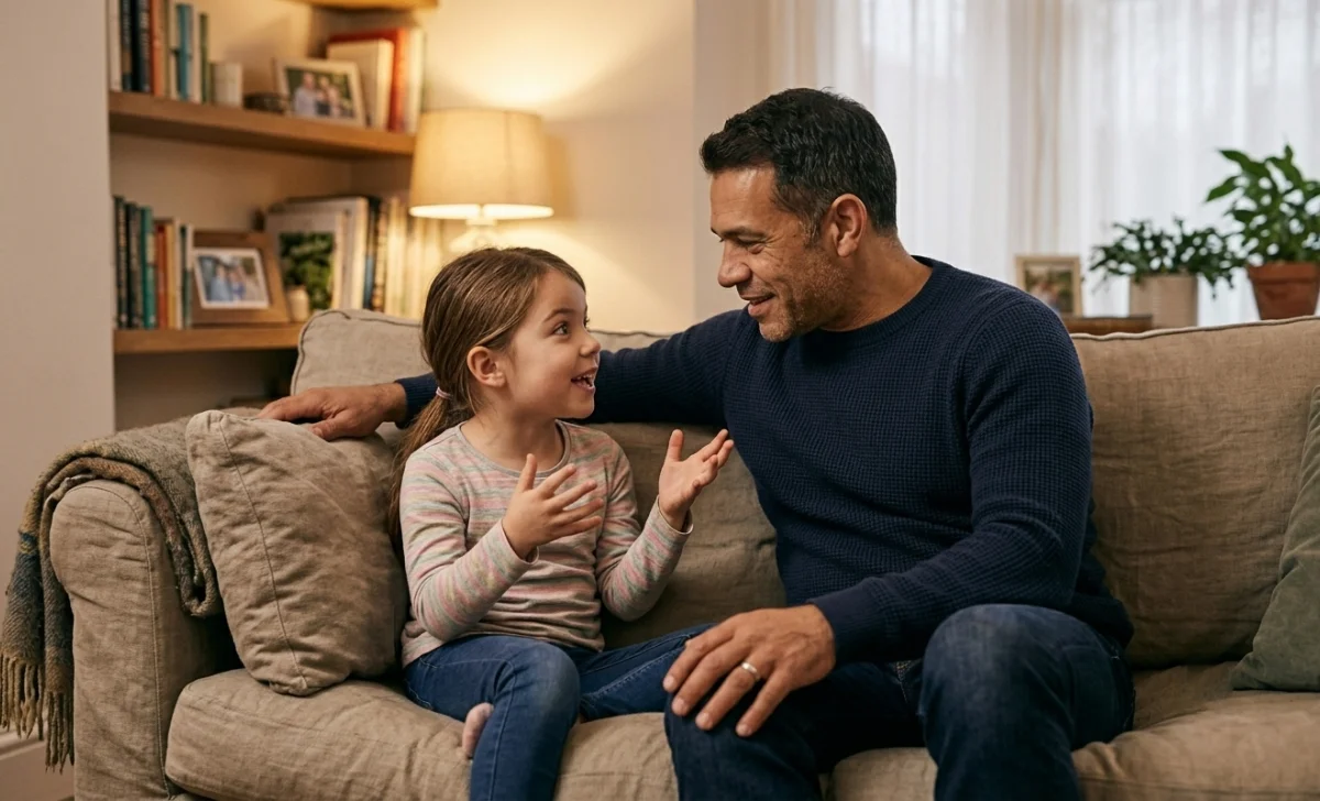 A dad sitting with his young daughter, fully listening to her talk — showing what real presence looks like for dads