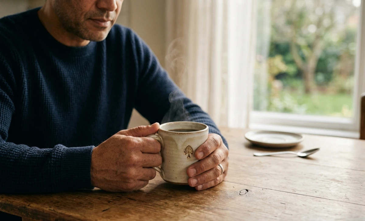 Dad holding a coffee mug at a quiet kitchen table in the morning — a simple mindfulness moment for dads who hate meditation