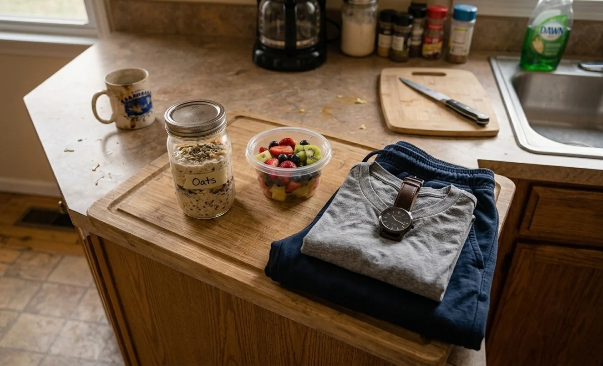Breakfast and clothes prepped the night before for a busy dad's quick morning routine