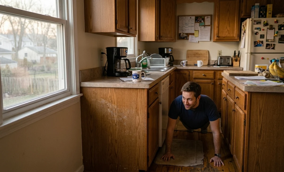 Dad stretching at home during his 15-minute morning routine before the kids wake up