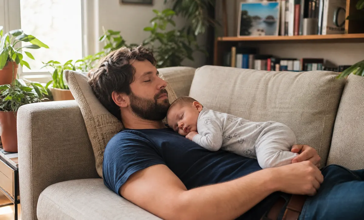 Peaceful dad sleeping on a couch with baby napping on his chest, finding rest and bonding.