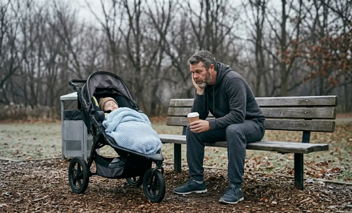 Tired dad at park bench with stroller in early morning winter light