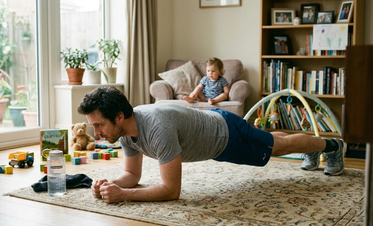 Dad demonstrating proper plank form for the 10-Minute Meltdown bodyweight workout at home