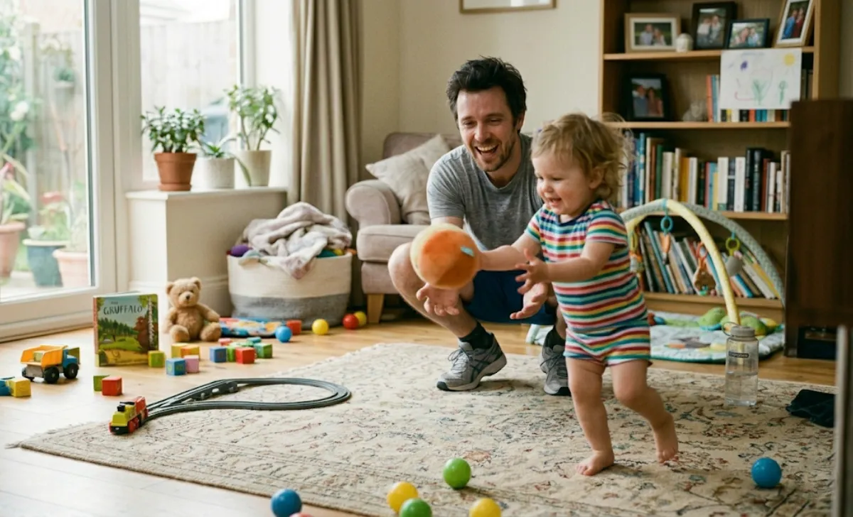 Alt text: Dad playing with his child after finishing his 10-minute home workout – more energy for family