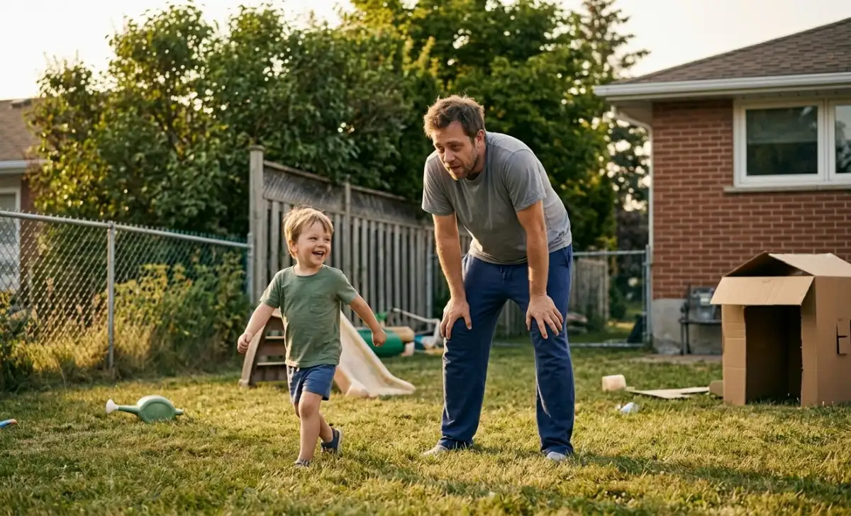 Dad struggling to keep up playing tag with his son due to low energy