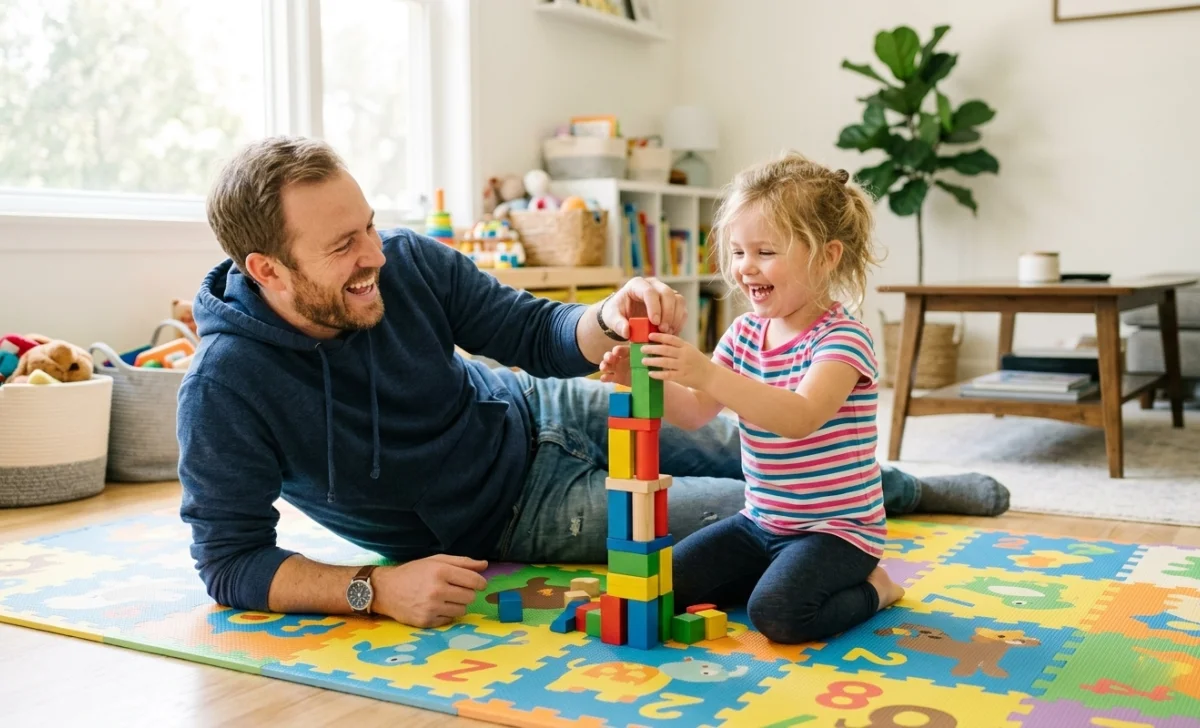 Happy dad playing with son on floor – fixing his 9-to-5 dad life