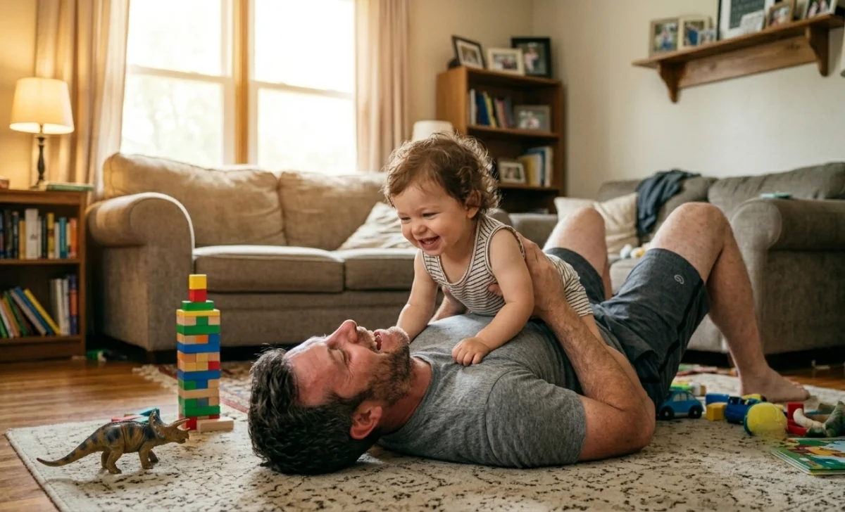 Dad resting on the floor after a workout with his child sitting on his chest