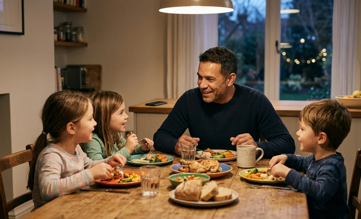Dad sitting at dinner with his kids, phone face-down on the counter, being fully present — a practical mindfulness tip for dads