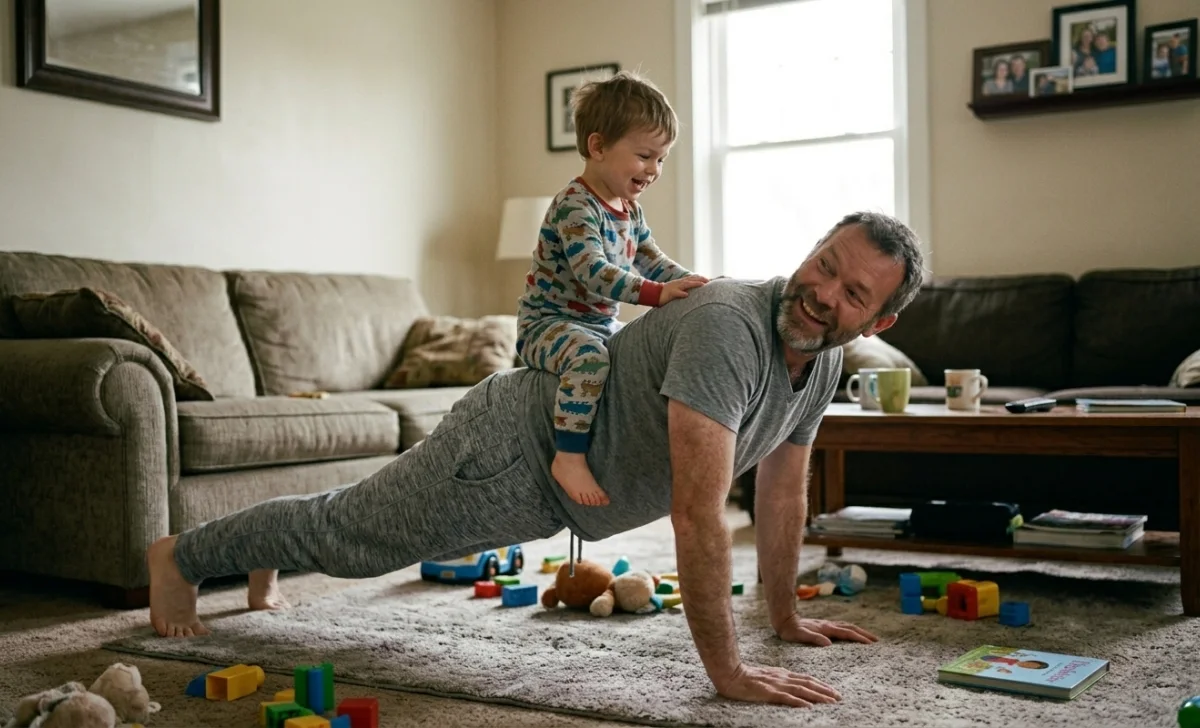 Dad laughing while doing push-ups with his toddler sitting on his back in the living room