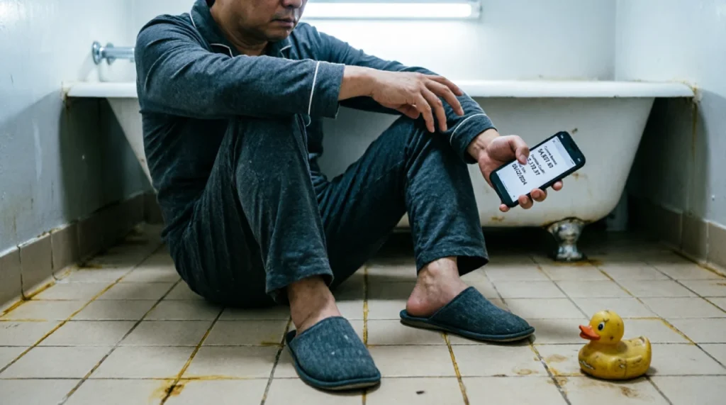 Dad sitting on the bathroom floor feeling the weight of unexpected expenses and a maxed‑out credit card.