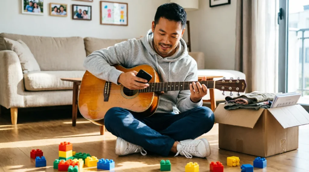 Dad selling unused items online to build a family emergency fund while his toddler plays nearby.