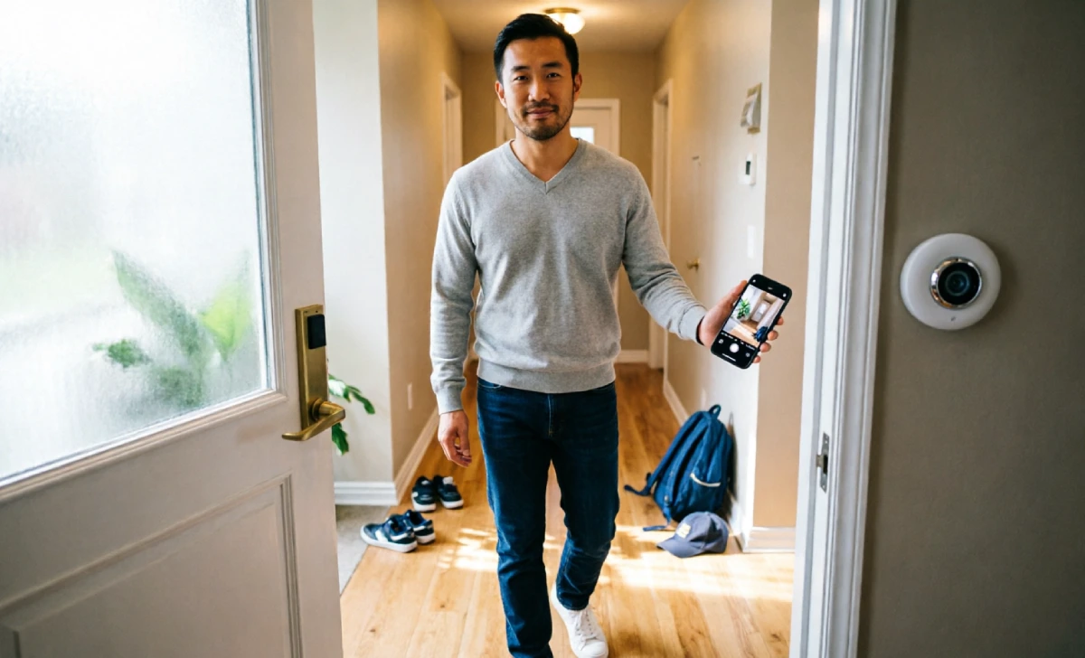 A dad checking his smartphone doorbell camera app at the front door — one of the best dad tech gadgets of 2026 for family safety.