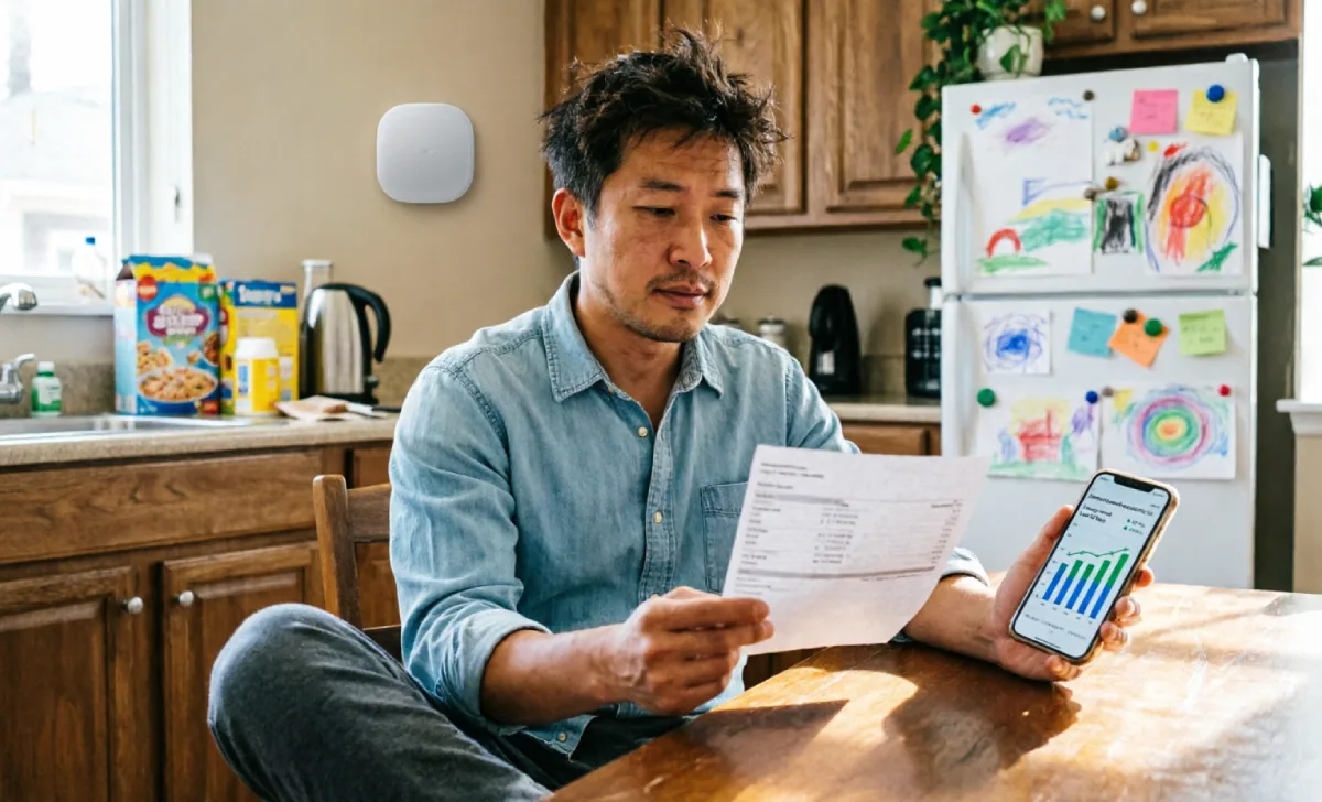 A dad sitting at a kitchen table reviewing a utility bill next to a smart thermostat app open on his phone, tracking 30-day family energy savings