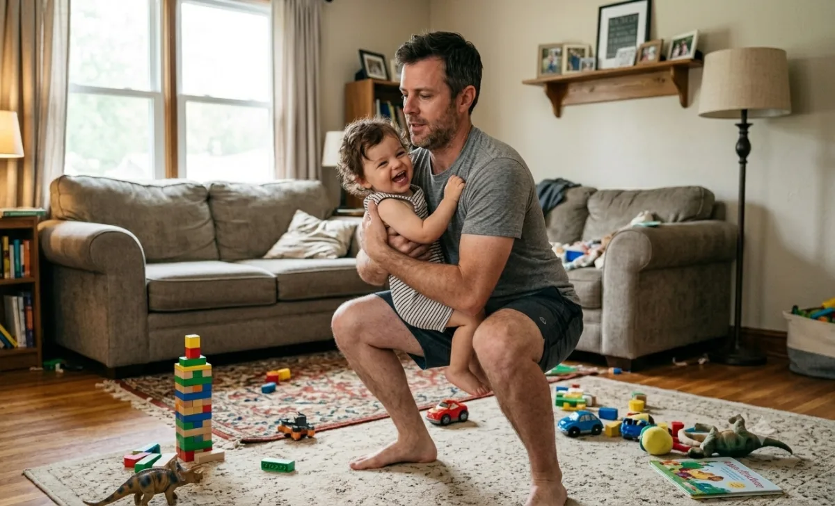 Dad doing squats while holding his toddler in the living room