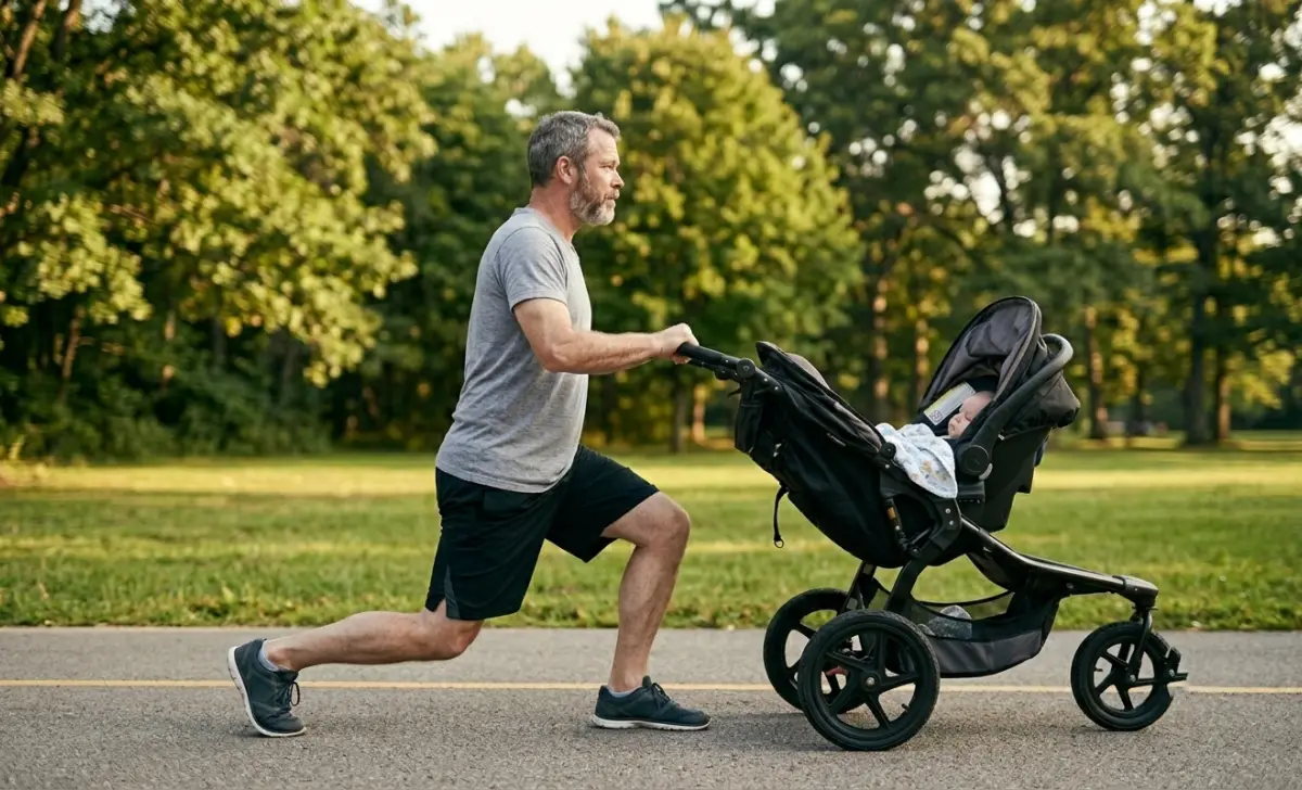 Father performing walking lunges while pushing baby stroller on park path