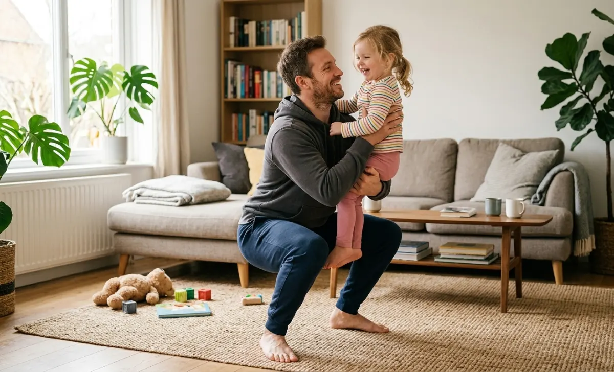 Dad strong squat exercise holding his kid – functional strength for fathers