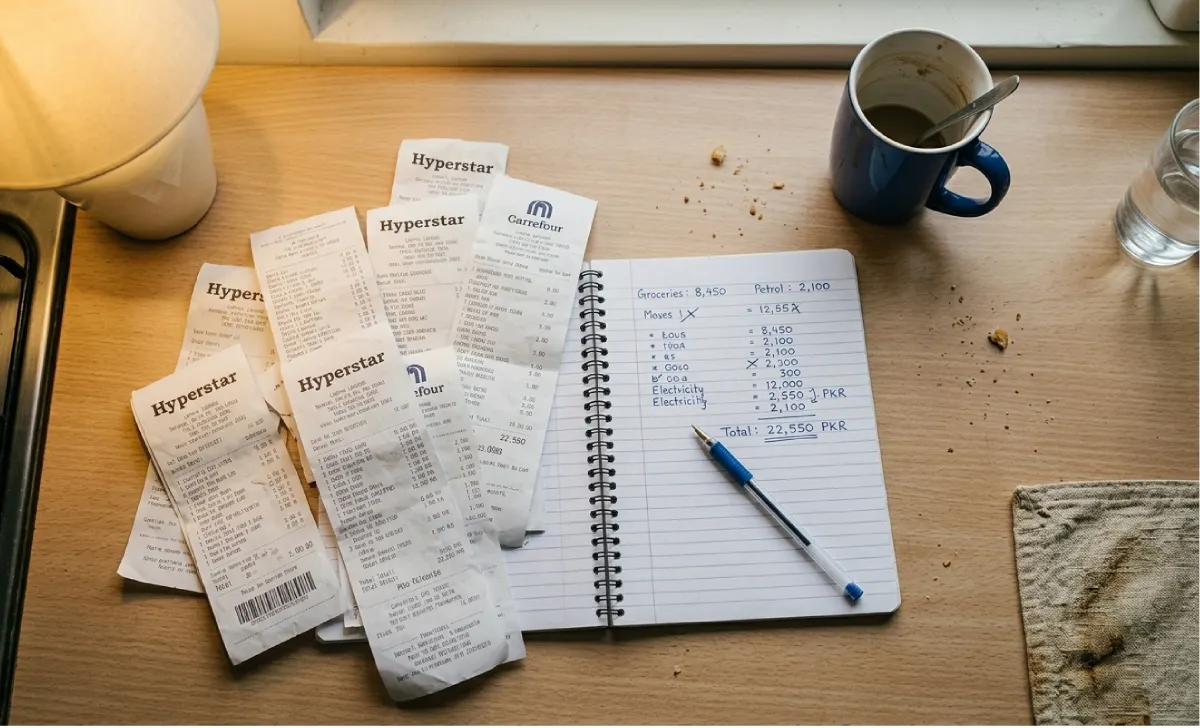 Pile of grocery receipts and a handwritten budget notebook on a kitchen table