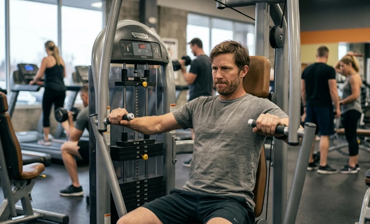 Out-of-shape dad using a gym machine during his first session back after years away
