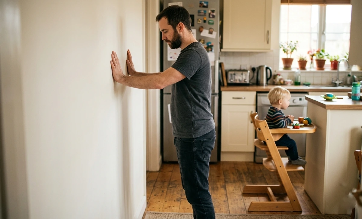 Dad using wall pause for anger management for dads – palms flat, taking ten seconds to reset.