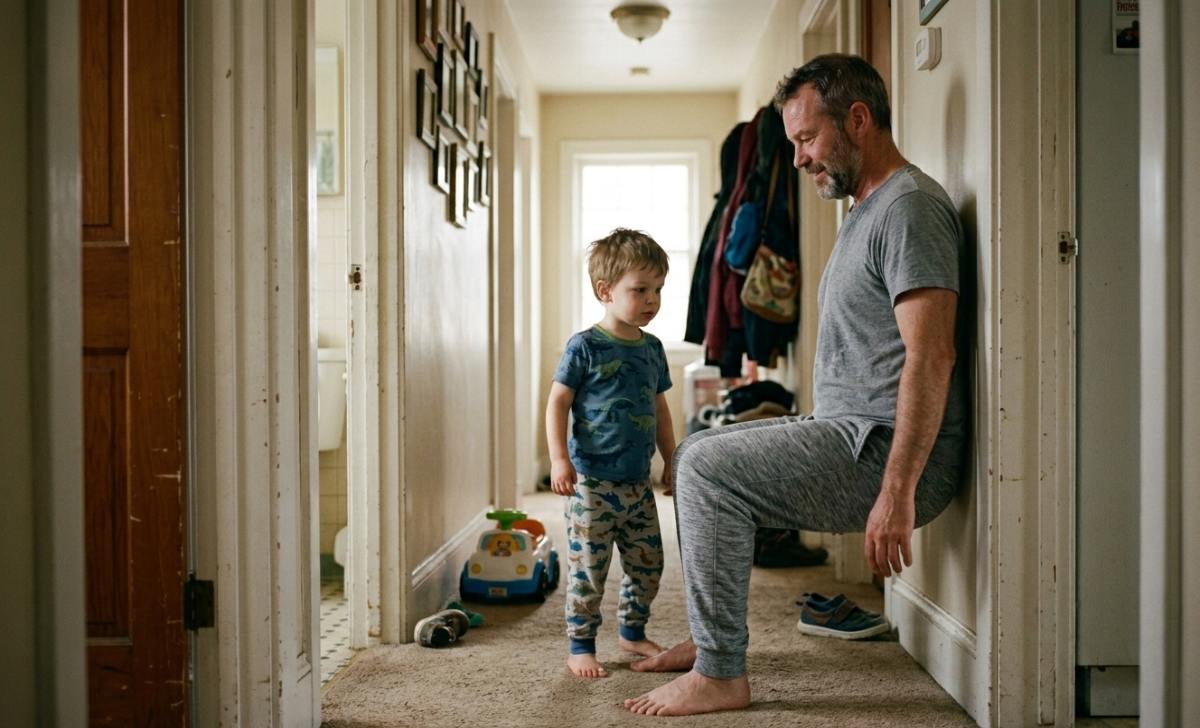 Dad doing a wall sit at home while his young child watches and tries to copy